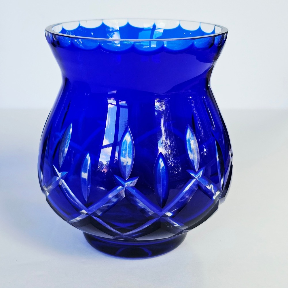 Vintage Cobalt Blue Cut to Clear Glass Vase Diamond Star Pattern Art Glass 5.25"